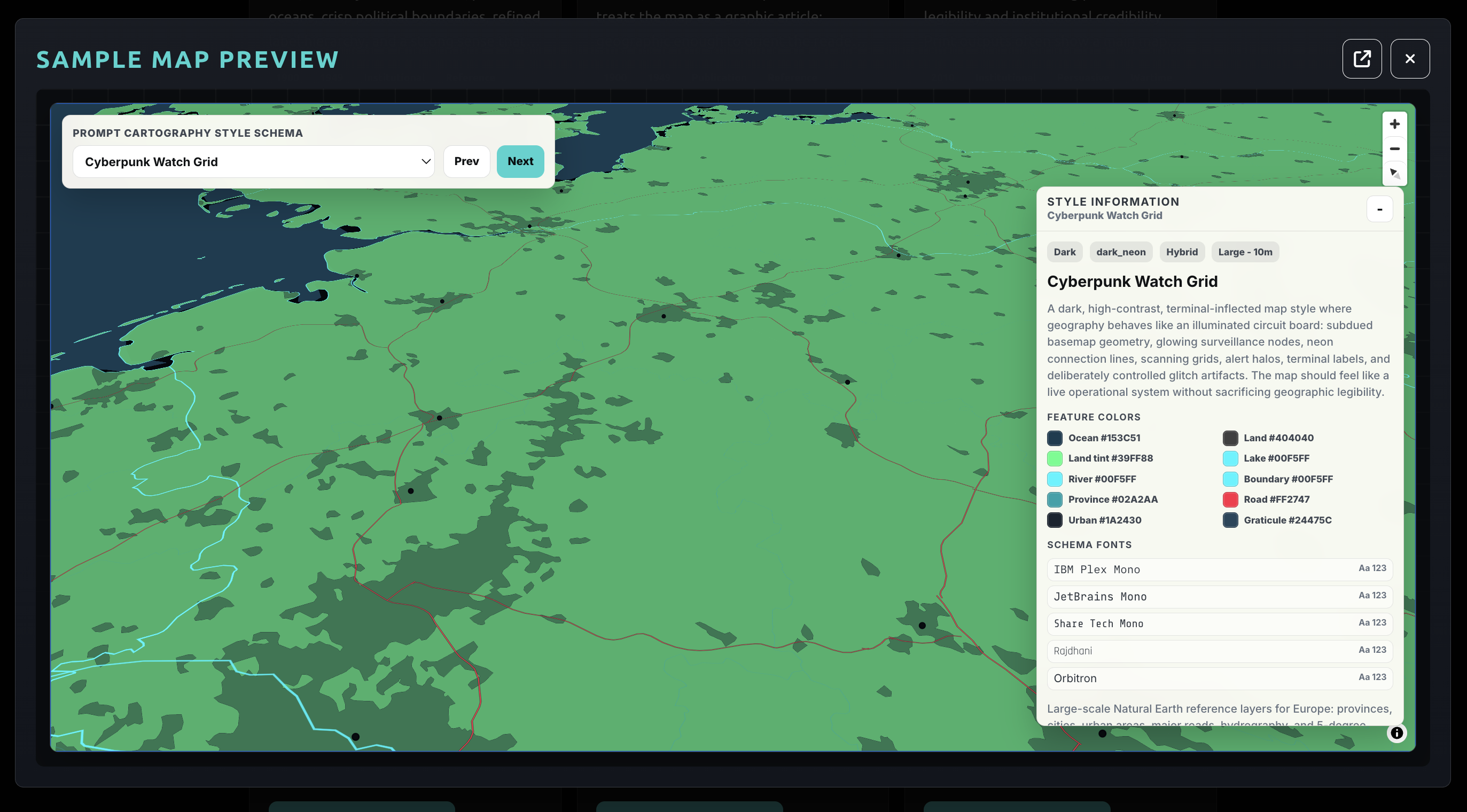 Cyberpunk Watch Grid sample map preview with schema information panel.
