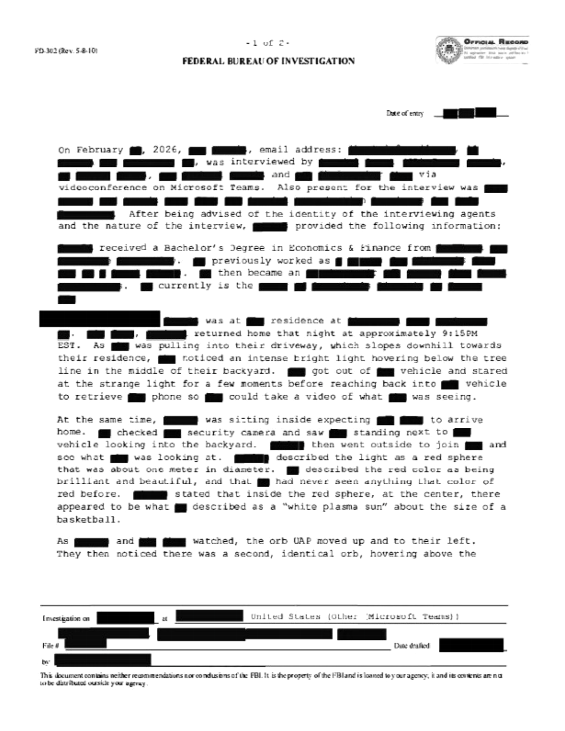 Redacted official record describing a UAP-related interview.