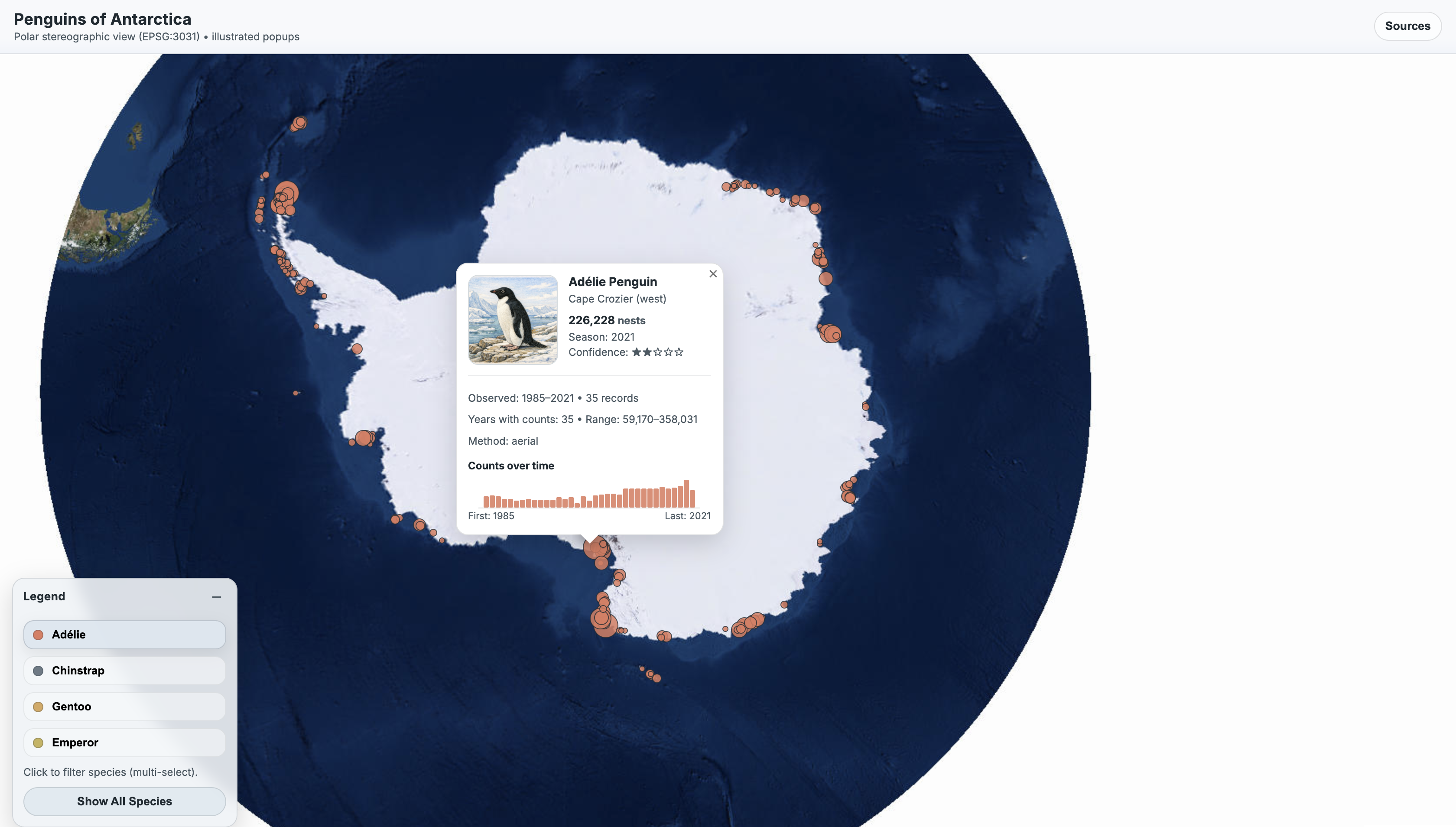 Illustrated Adélie penguin from the Penguins of Antarctica web map.