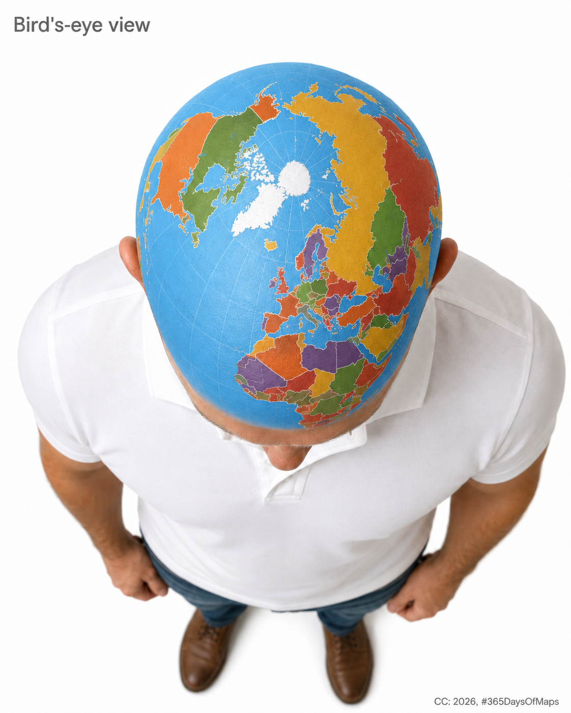 Bird's-eye view body-painted world map on a bald head